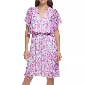 DKNY - Flutter Sleeve V-Neck Floral Chiffon Dress